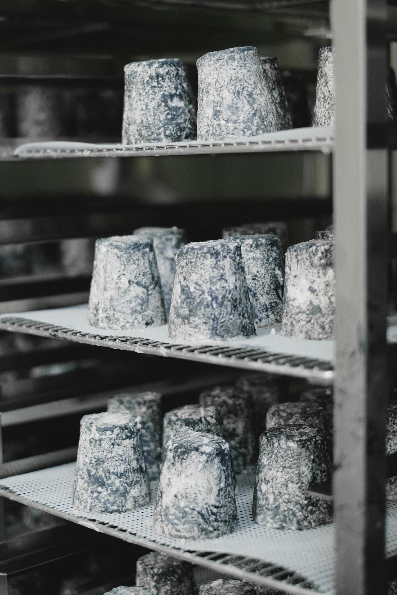 Vintage clothbound cheddar wheels on shelves